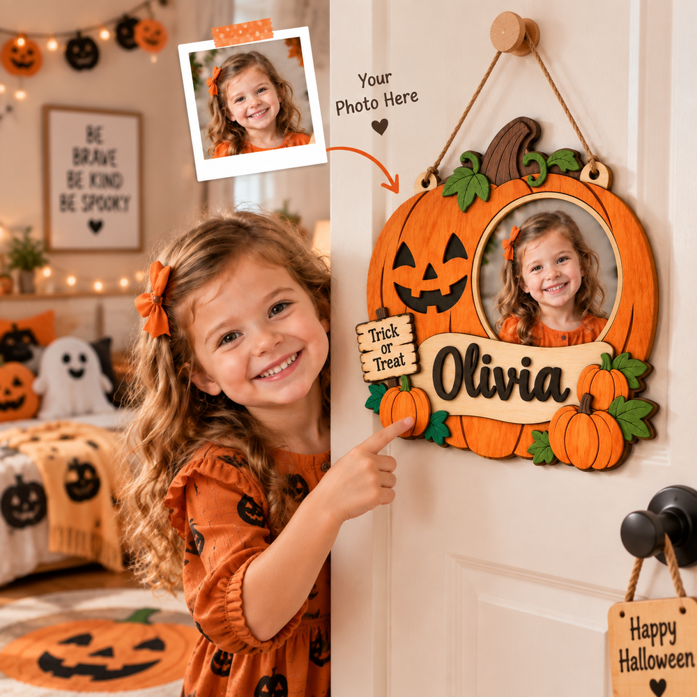 Personalized Kids Halloween Name & Photo Sign for Door & Wall Woodemon