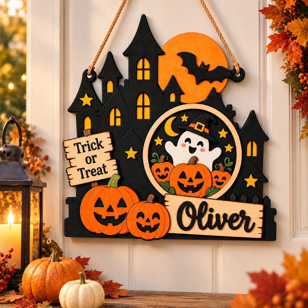 Personalized Kids Halloween Name & Photo Sign for Door & Wall Woodemon