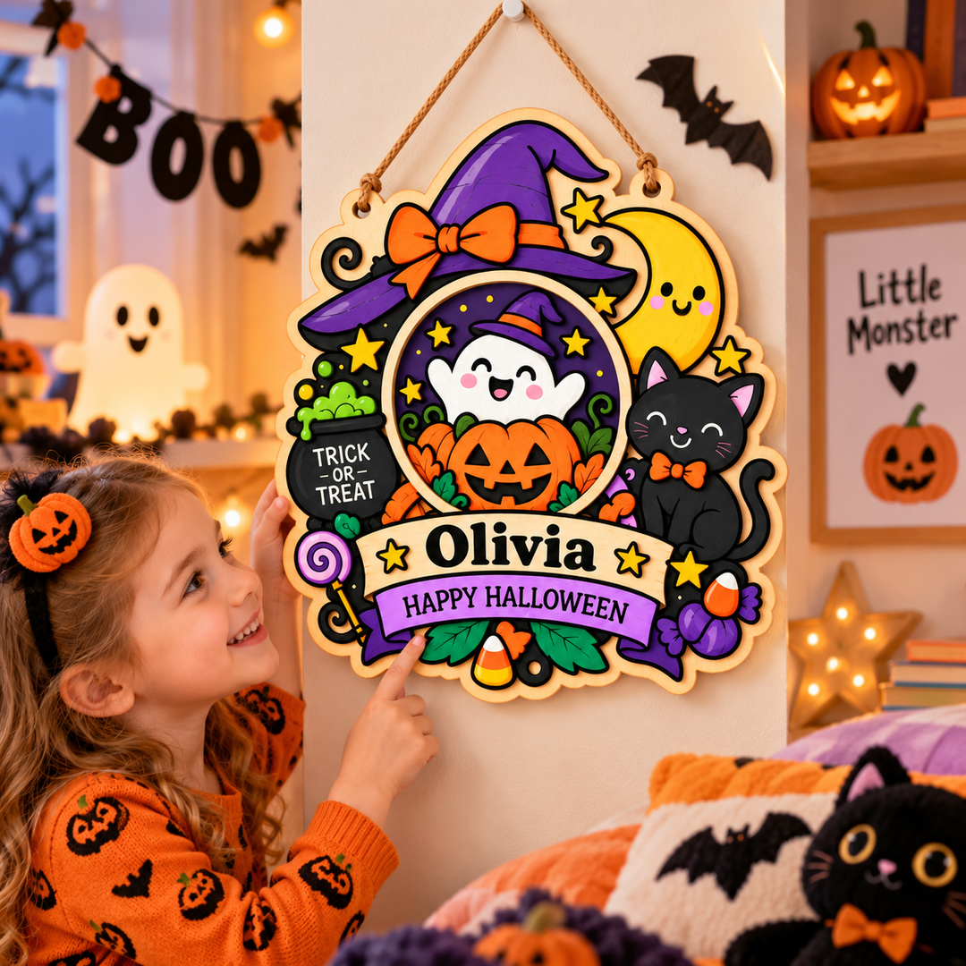 Personalized Kids Halloween Name & Photo Sign for Door & Wall Woodemon