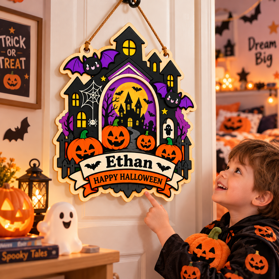 Personalized Kids Halloween Name & Photo Sign for Door & Wall Woodemon