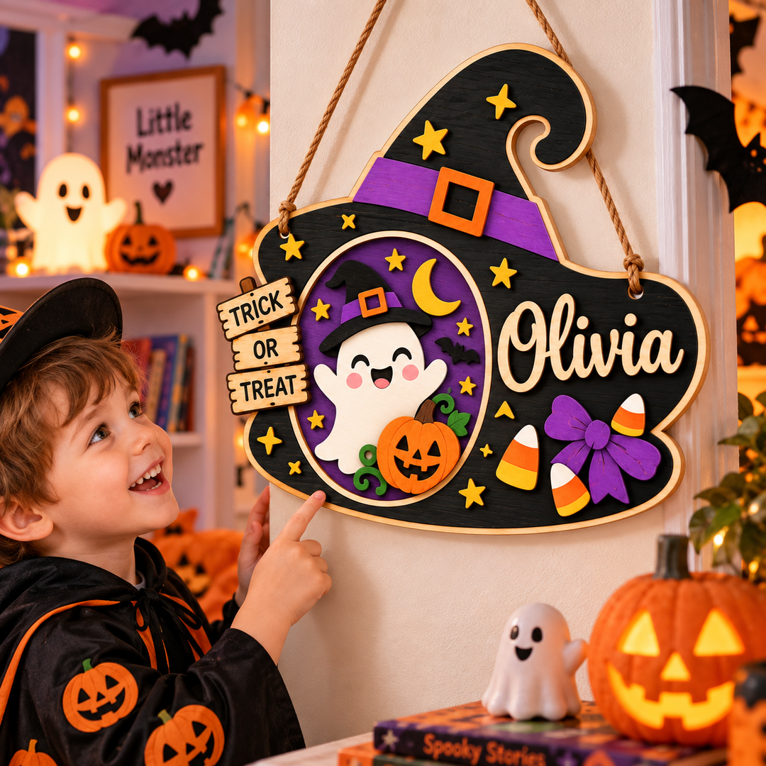 Personalized Kids Halloween Name & Photo Sign for Door & Wall Woodemon