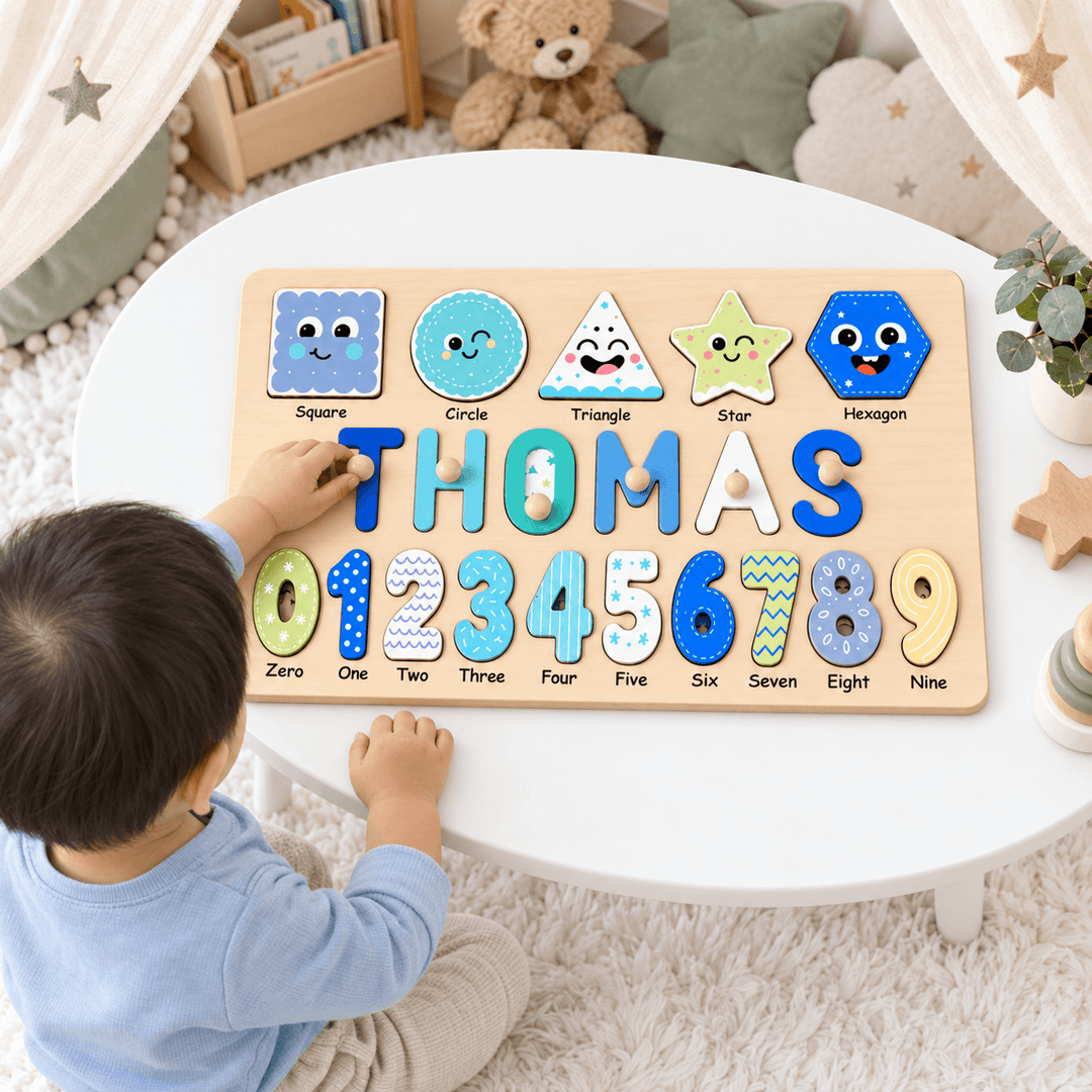 Personalized Wooden Name Puzzle with Numbers & Shapes woodemon