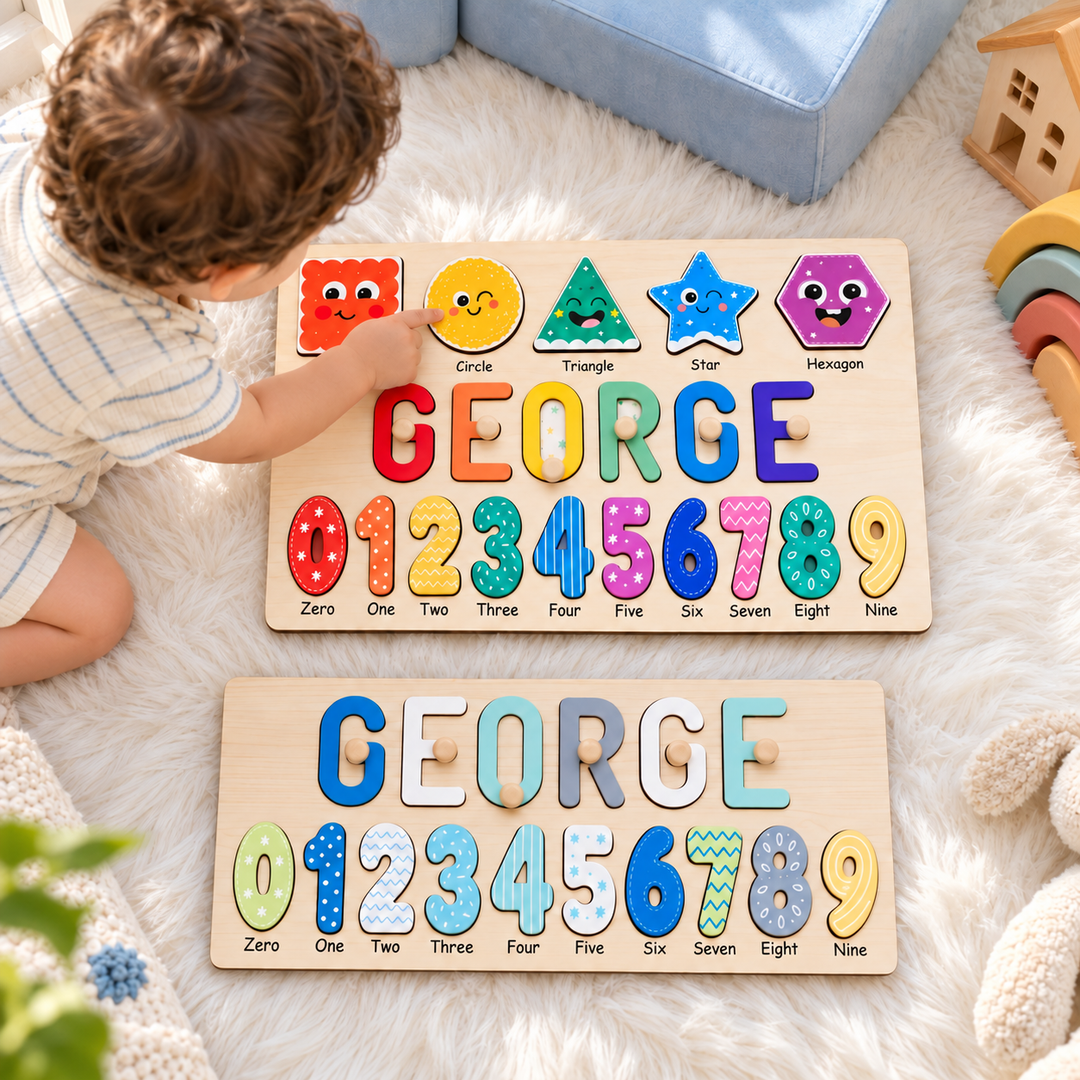 Personalized Wooden Name Puzzle with Numbers & Shapes woodemon