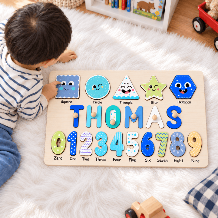 Personalized Wooden Name Puzzle with Numbers & Shapes woodemon