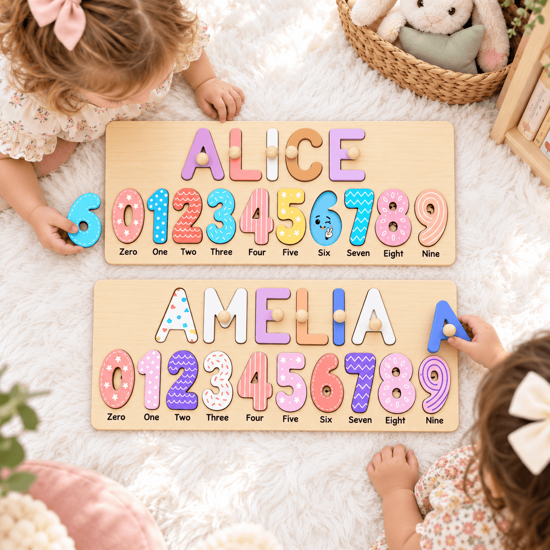 Personalized Wooden Name Puzzle with Numbers & Shapes woodemon
