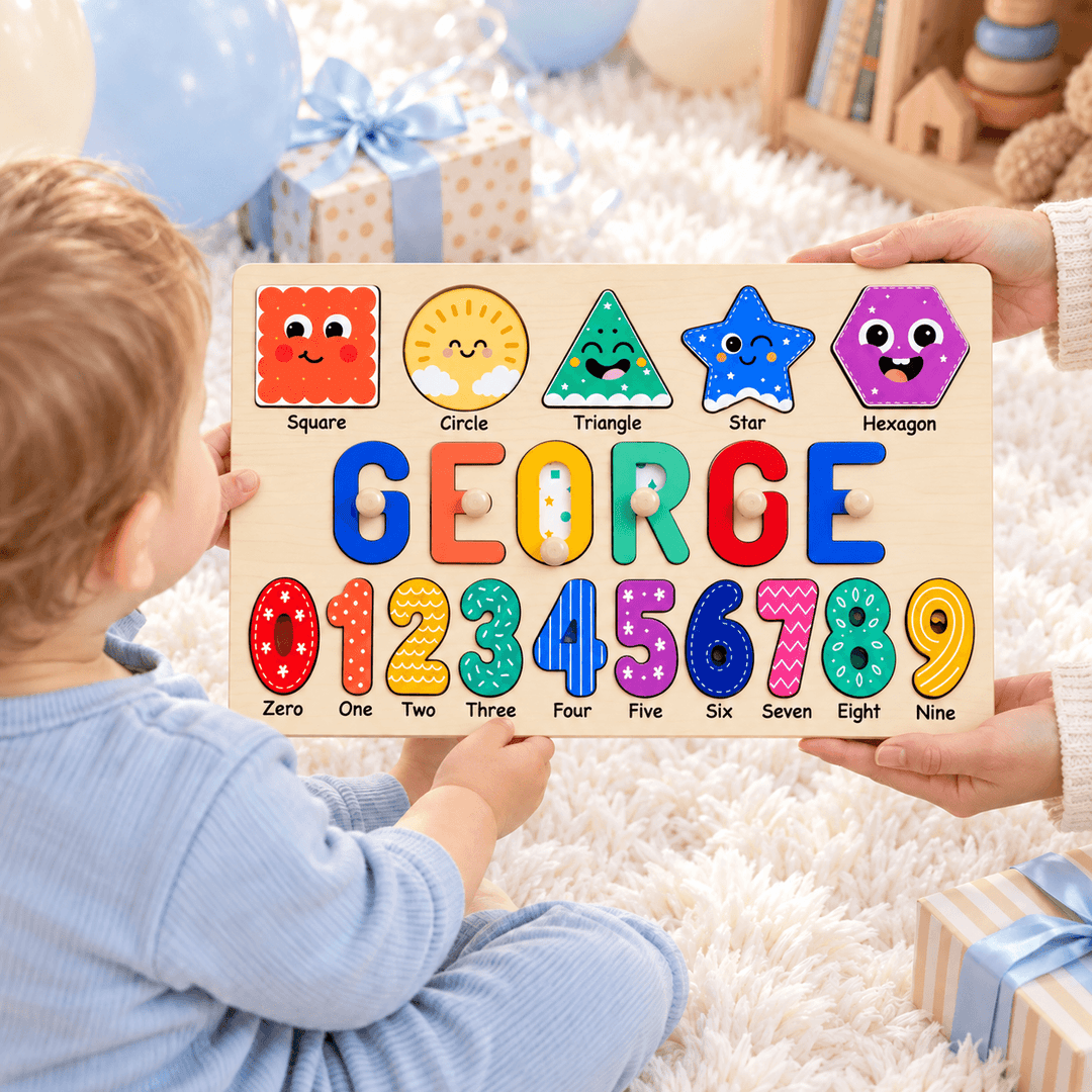 Personalized Wooden Name Puzzle with Numbers & Shapes woodemon