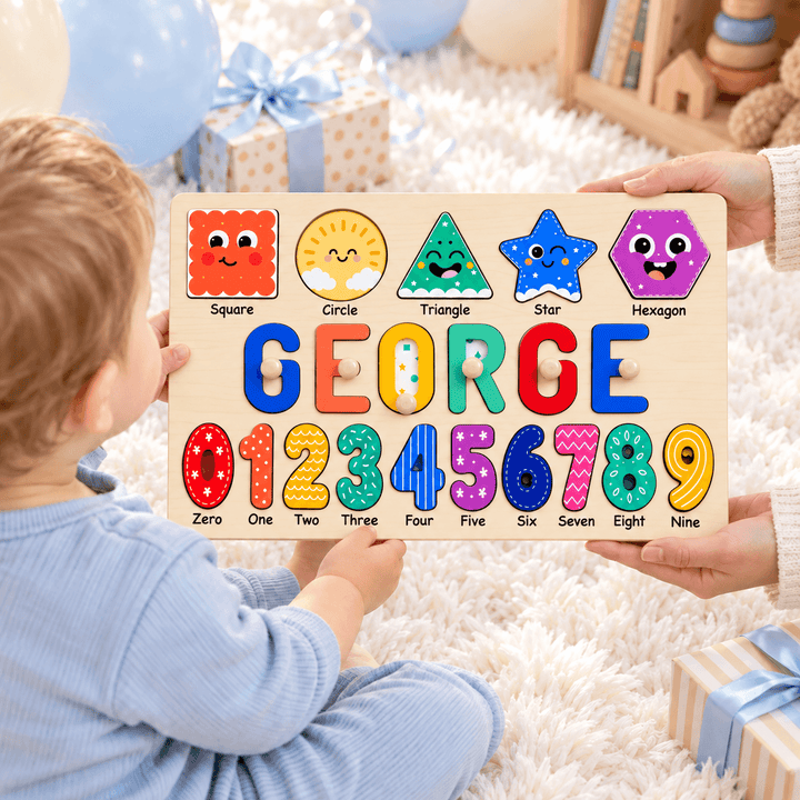 Personalized Wooden Name Puzzle with Numbers & Shapes woodemon