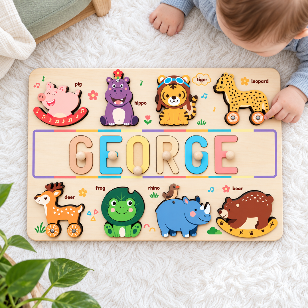 Personalized Wooden Animal Name Puzzle Busy Board Woodemon