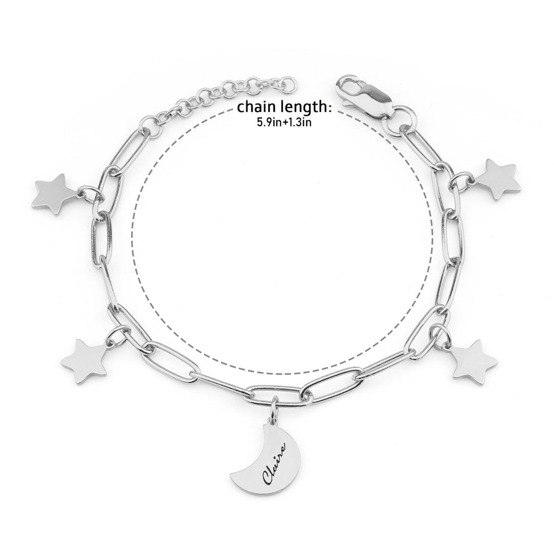 Silver Star & Moon Customized Children's Name Bracelet, Chain Length 5.9''+1.3''