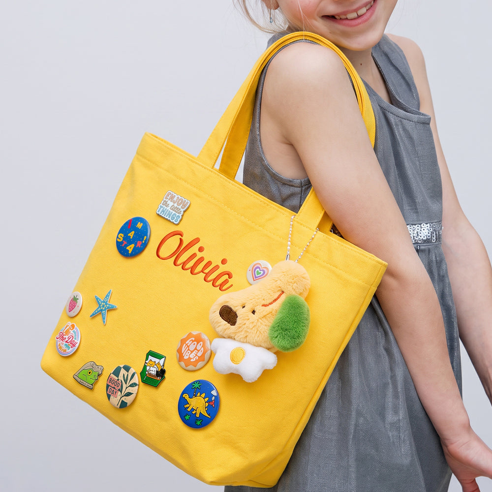 Personalized Embroidered Name Canvas Tote Bag with Decorative Badges Woodemon