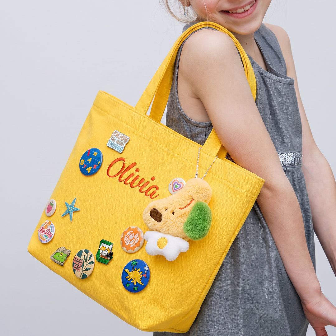 Personalized Embroidered Name Canvas Tote Bag with Decorative Badges Woodemon