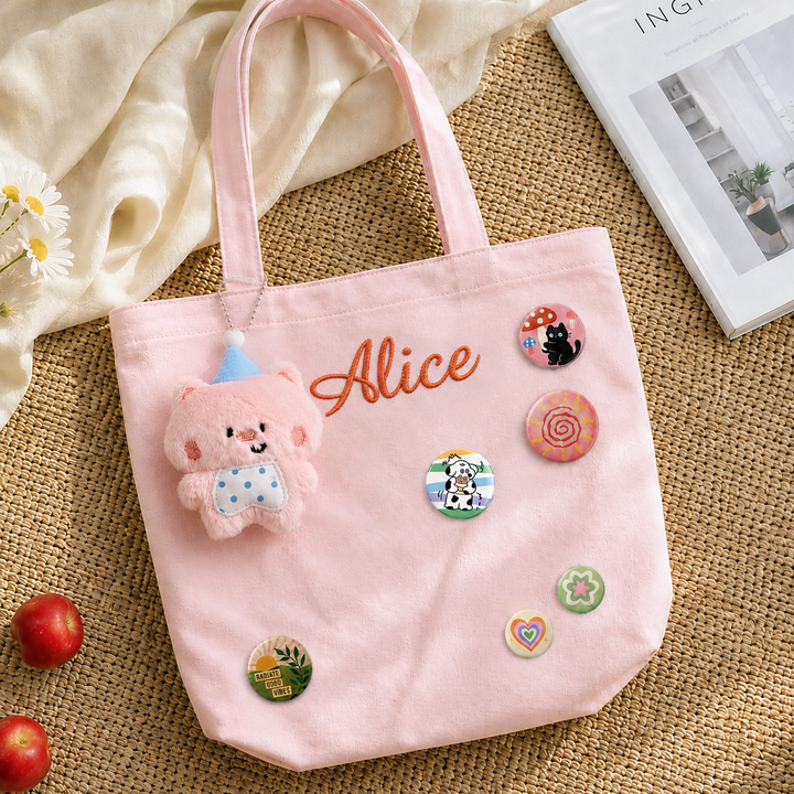 Personalized Embroidered Name Canvas Tote Bag with Decorative Badges sokidsun
