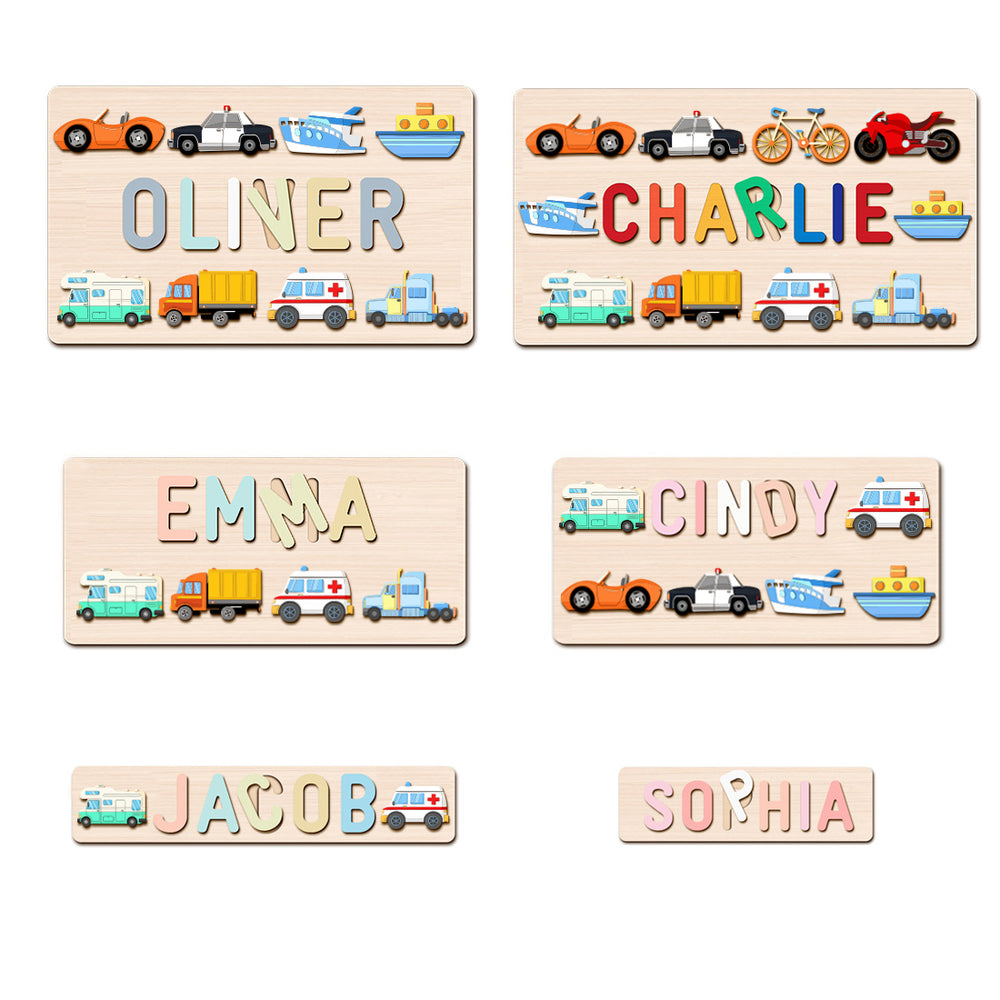 Personalized Wooden Baby Name Puzzle - Traffic Product Name: Personalized Wooden Name Puzzle - TrafficMaterial: Eco-Friendly Plywood BasswoodLetters Available: Up to 8Engraving Messages: AvailableNon-Toxic: YesNon-Harmful: Yes Our bestselling Name Puzzle