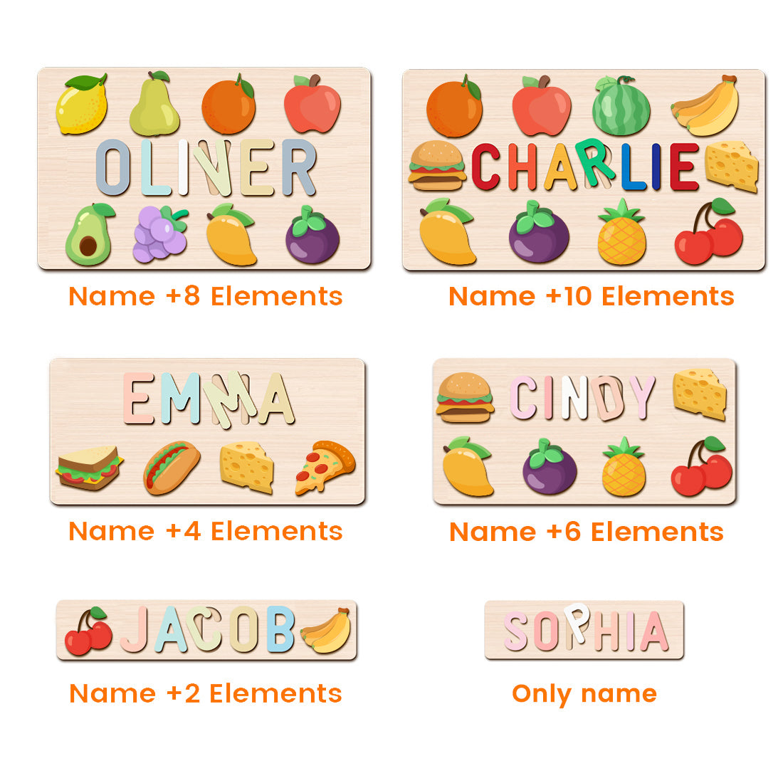 Personalized Wooden Baby Name Puzzle with Food Product Name: Personalized Wooden Baby Name Puzzle with Food Material: Eco-Friendly Plywood BasswoodLetters Available: Up to 10Engraving Messages: AvailableNon-Toxic: YesNon-Harmful: Yes Color: Pastel-boy; Pa