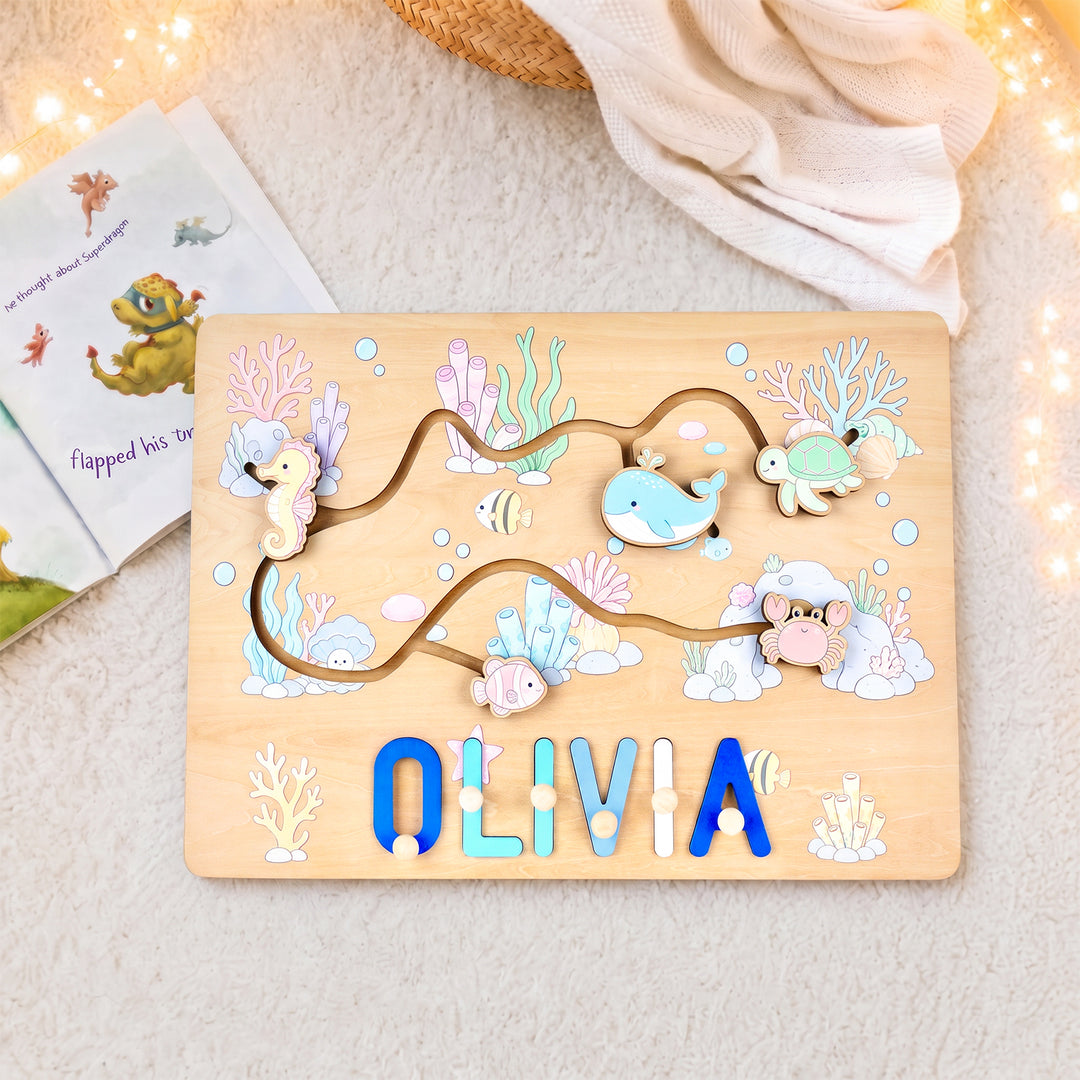 Personalized Montessori Ocean Sliding Name Puzzle Woodemon