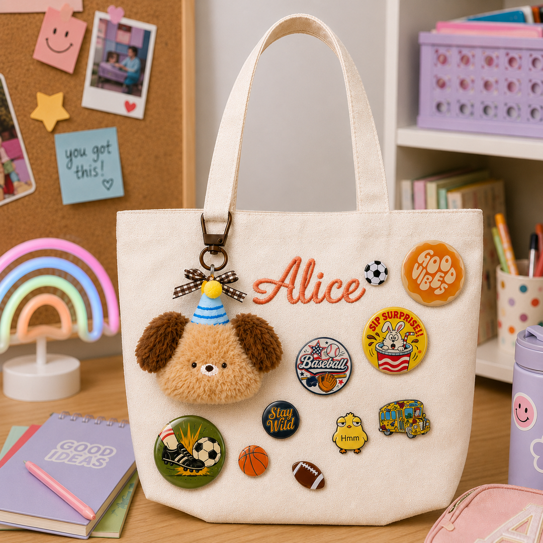 Personalized Embroidered Name Canvas Tote Bag with Decorative Badges sokidsun