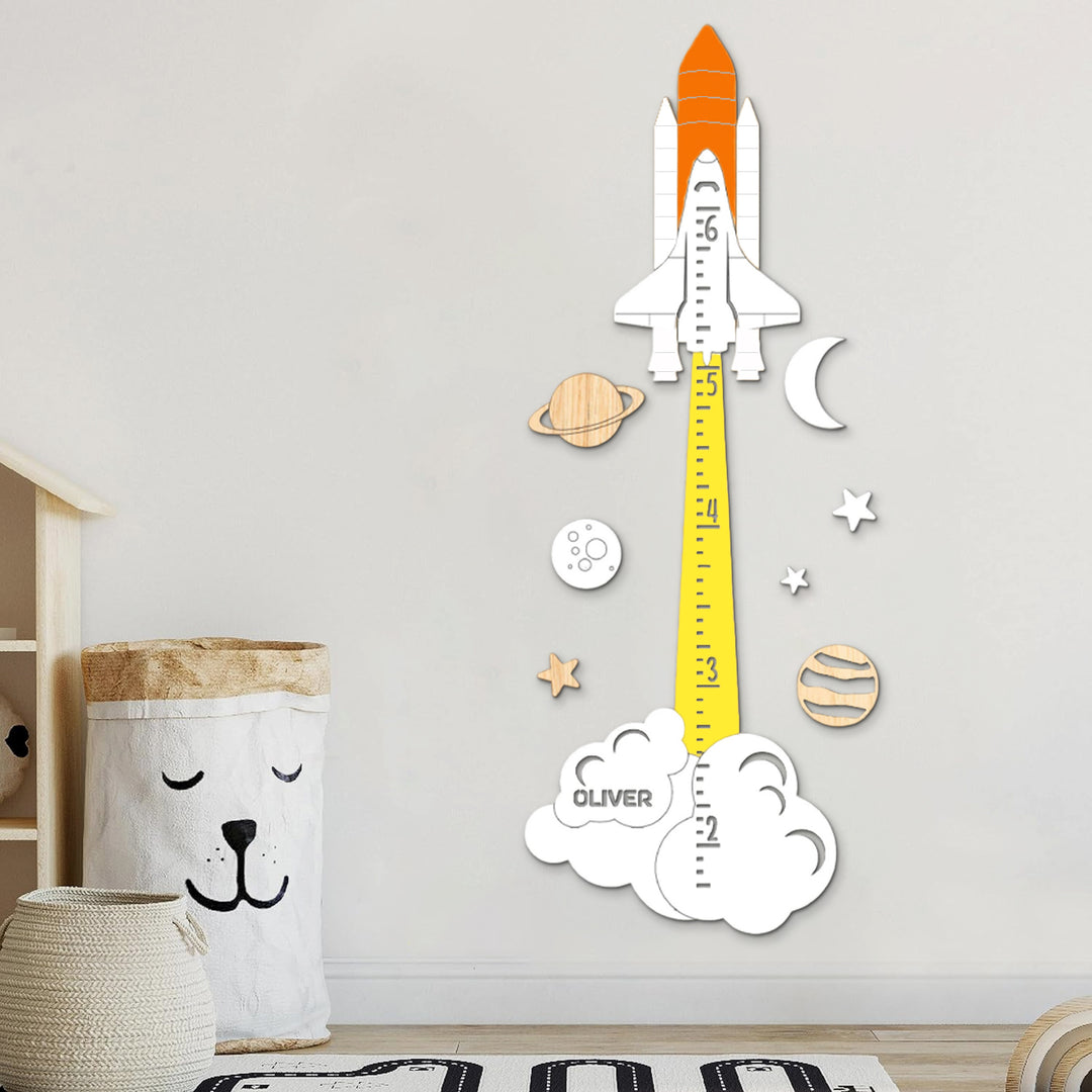 Personalized Wooden Space Themed Baby Growth Chart on the Wall 