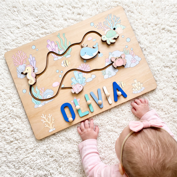 Personalized Montessori Ocean Sliding Name Puzzle Woodemon