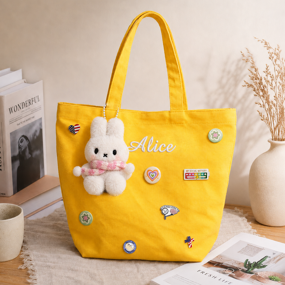 Personalized Embroidered Name Canvas Tote Bag with Decorative Badges sokidsun