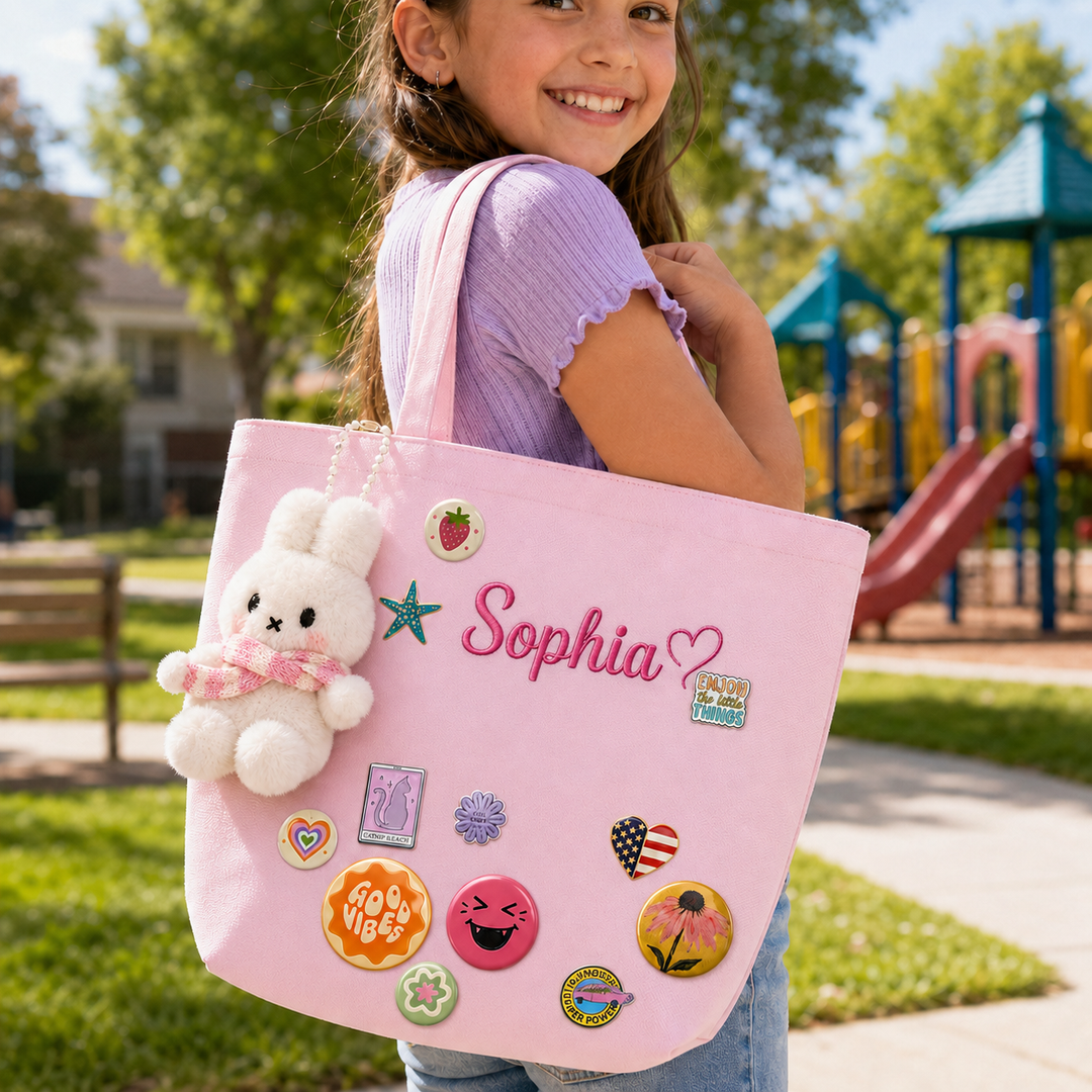 Personalized Embroidered Name Canvas Tote Bag with Decorative Badges sokidsun
