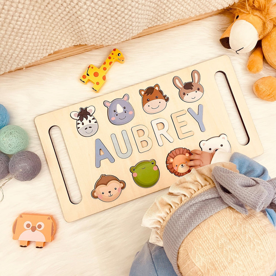 Personalised Wooden Baby Name Puzzle with Handle Product Name: Personalized Wooden Name Puzzle For Baby Gift Material: Eco-Friendly Plywood BasswoodLetters Available: Up to 10Engraving Messages: AvailableNon-Toxic: YesNon-Harmful: Yes Color: Pastel-boy; P