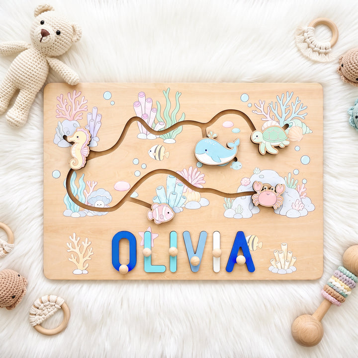 Personalized Montessori Ocean Sliding Name Puzzle Woodemon