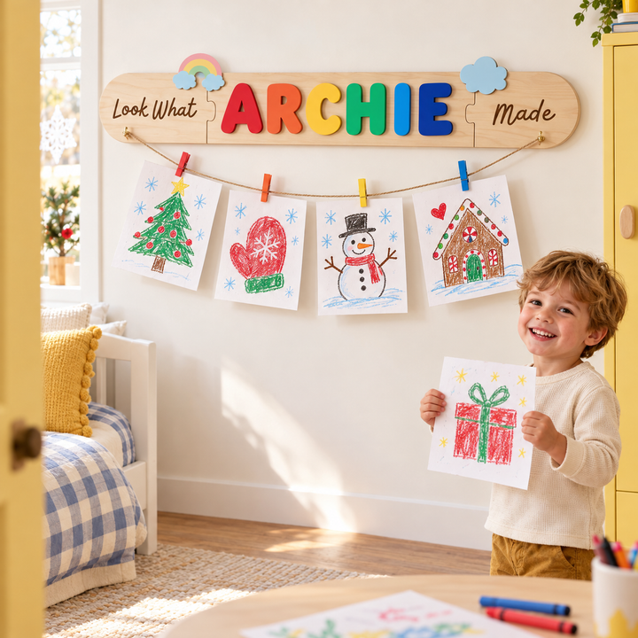 Personalized Kids Artwork Display Board with Wooden Name -Custom Kids Room Wall Decor Woodemon