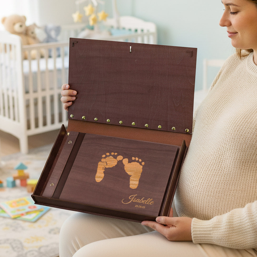 Personalized Baby Photo Album with Name & Birth Date – Wooden Footprint Design