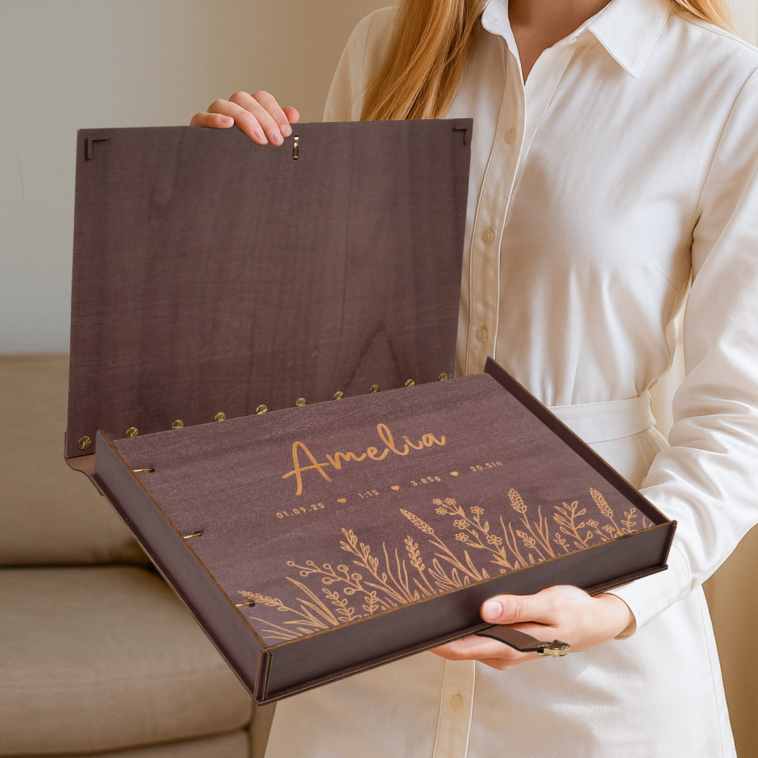 Personalized Wooden Baby Photo Album – Baby’s Name & Birth Information Engraved