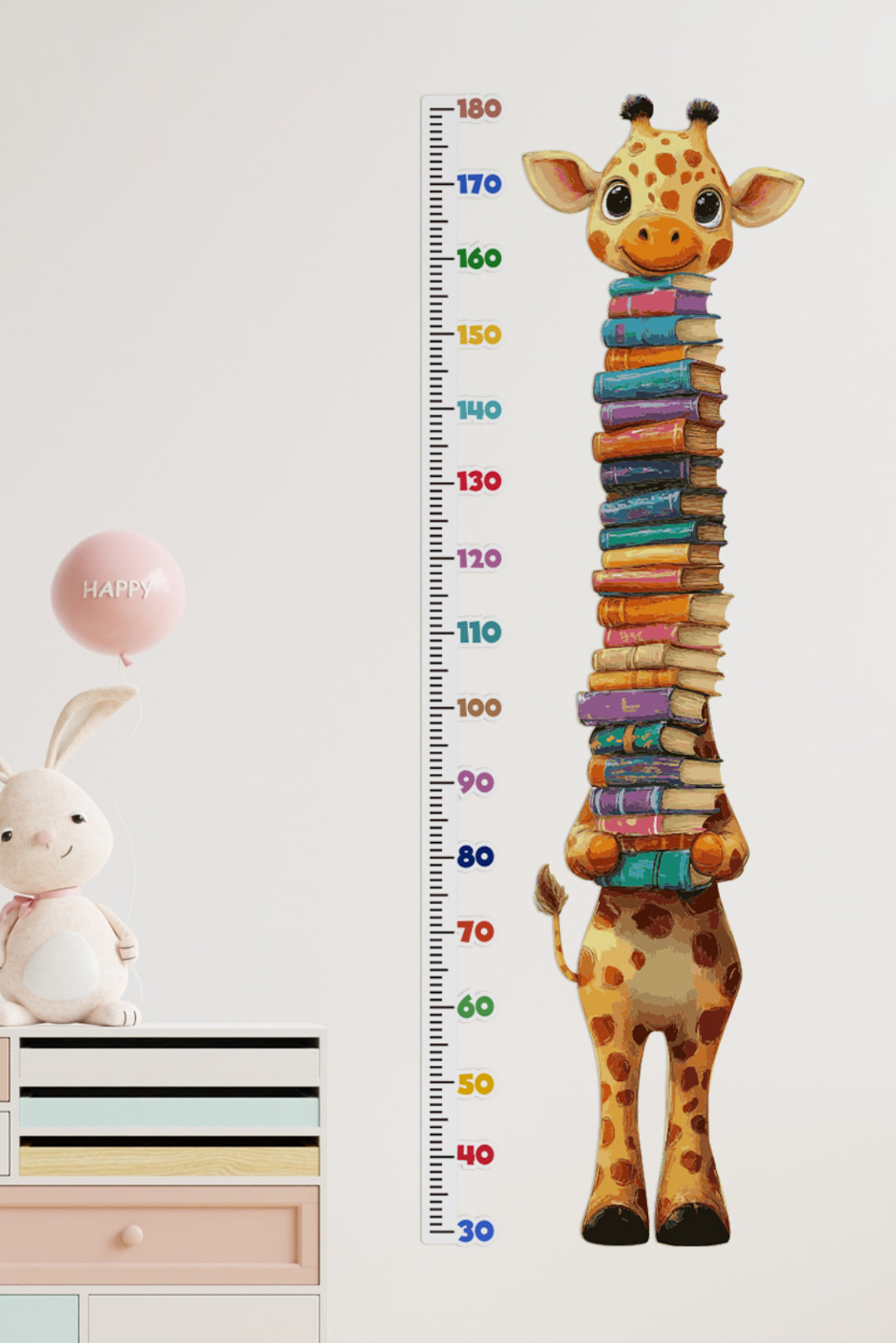 Cute Giraffe Holding Books Growth Chart Wall Decal