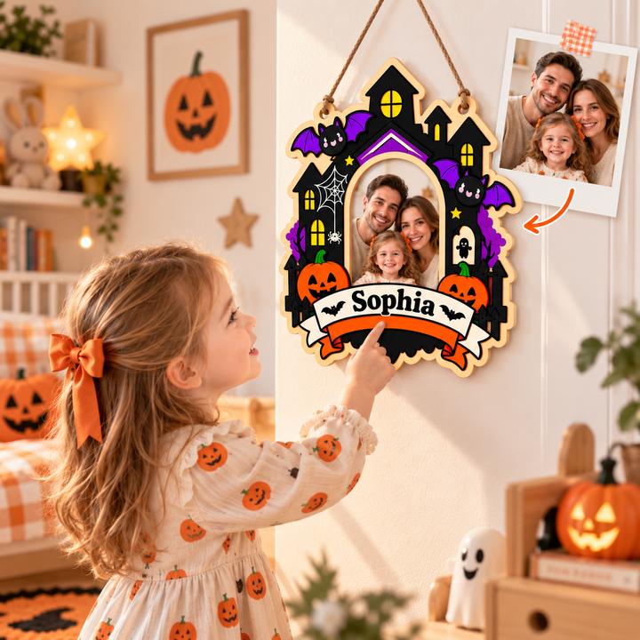 Personalized Kids Halloween Name & Photo Sign for Door & Wall Woodemon