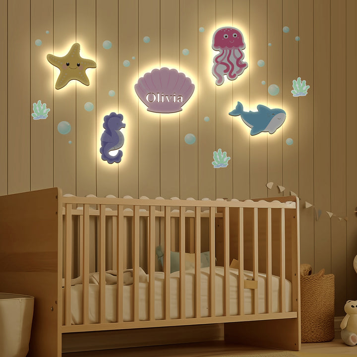 Juego de luces de pared de madera personalizadas para habitación de bebé, tema marino