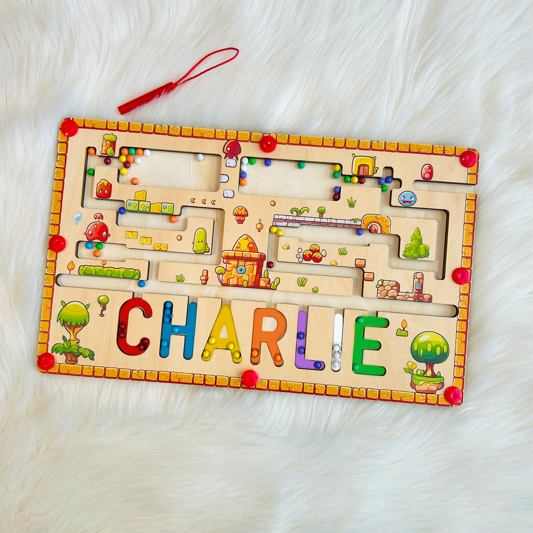 Personalized Wooden Magnetic Maze With Baby Name Product Name: Personalized Wooden Magnetic Maze With Baby Name Material: Eco-Friendly Plywood Basswood, Iron pelletLetters Available: Up to 10Engraving Messages: AvailableNon-Toxic: YesNon-Harmful: Yes Colo