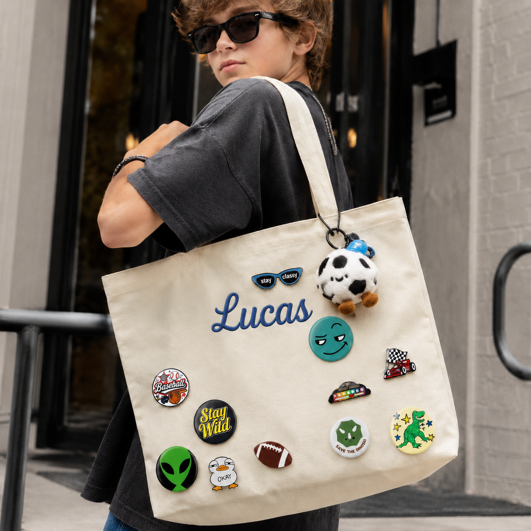 Personalized Embroidered Name Canvas Tote Bag with Decorative Badges sokidsun