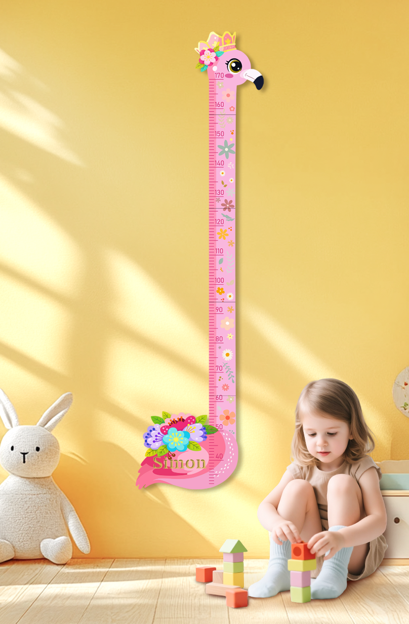 Personalized Pink Flower Flamingo Wooden Growth Chart for Kids