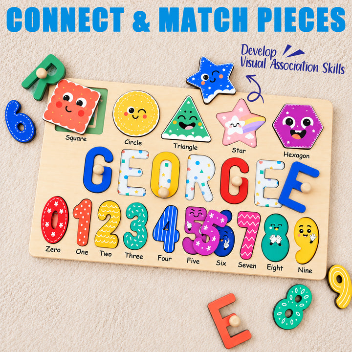 Personalized Wooden Name Puzzle with Numbers & Shapes woodemon