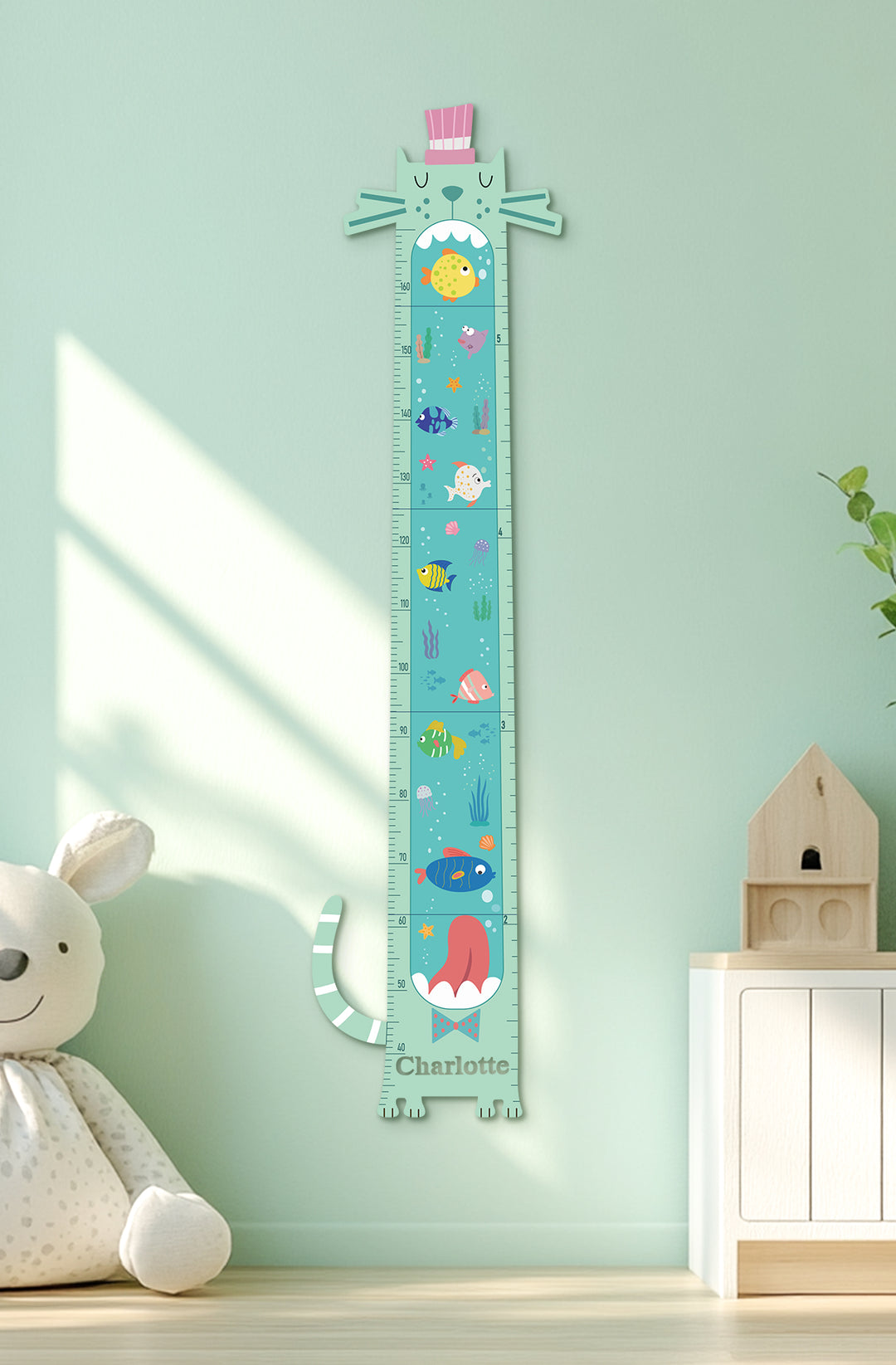 Personalized Wooden Ocean Cat Growth Chart for Kids