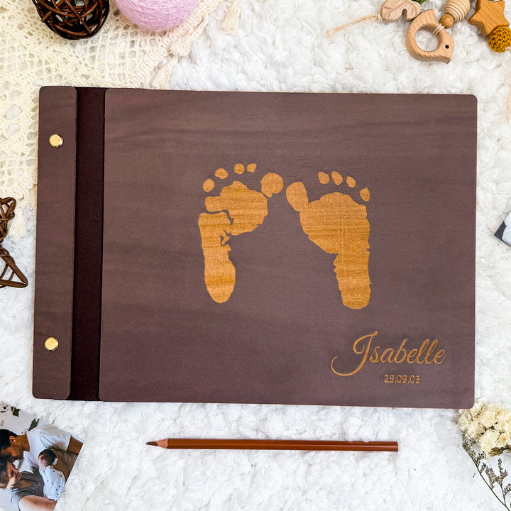 Personalized Baby Photo Album with Name & Birth Date – Wooden Footprint Design