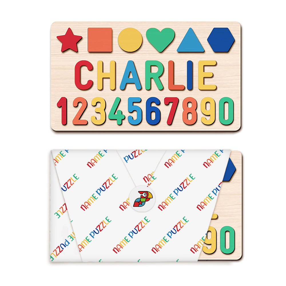 Personalized Numbers And Shapes Wooden Name Puzzle Our bestselling Name Puzzle with your choice of icon graphic! Choose from different whimsical characters and you will certainly find one to bring a smile to your child’s face! Our handcrafted, Icon Name P