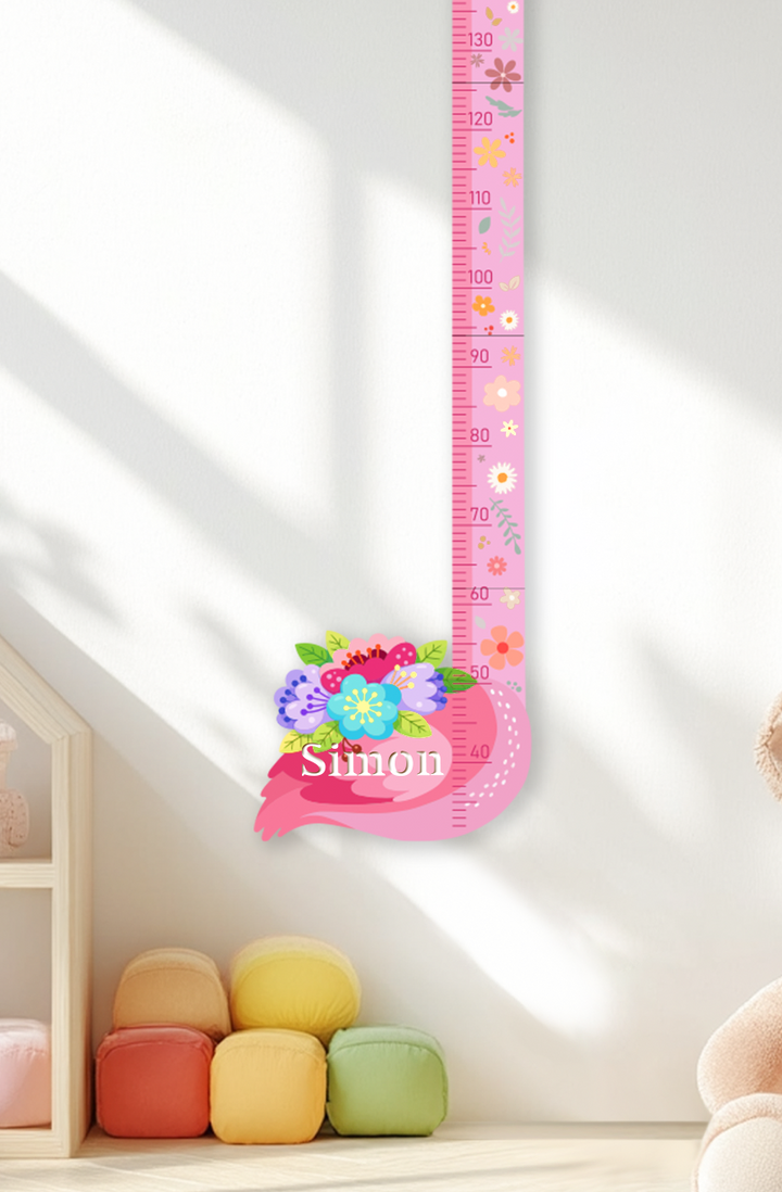Personalized Pink Flower Flamingo Wooden Growth Chart for Kids