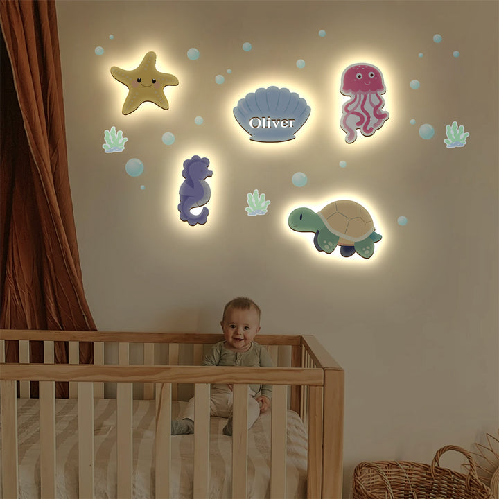 Conjunto de luz de parede de madeira personalizada para quarto de bebê - tema marinho