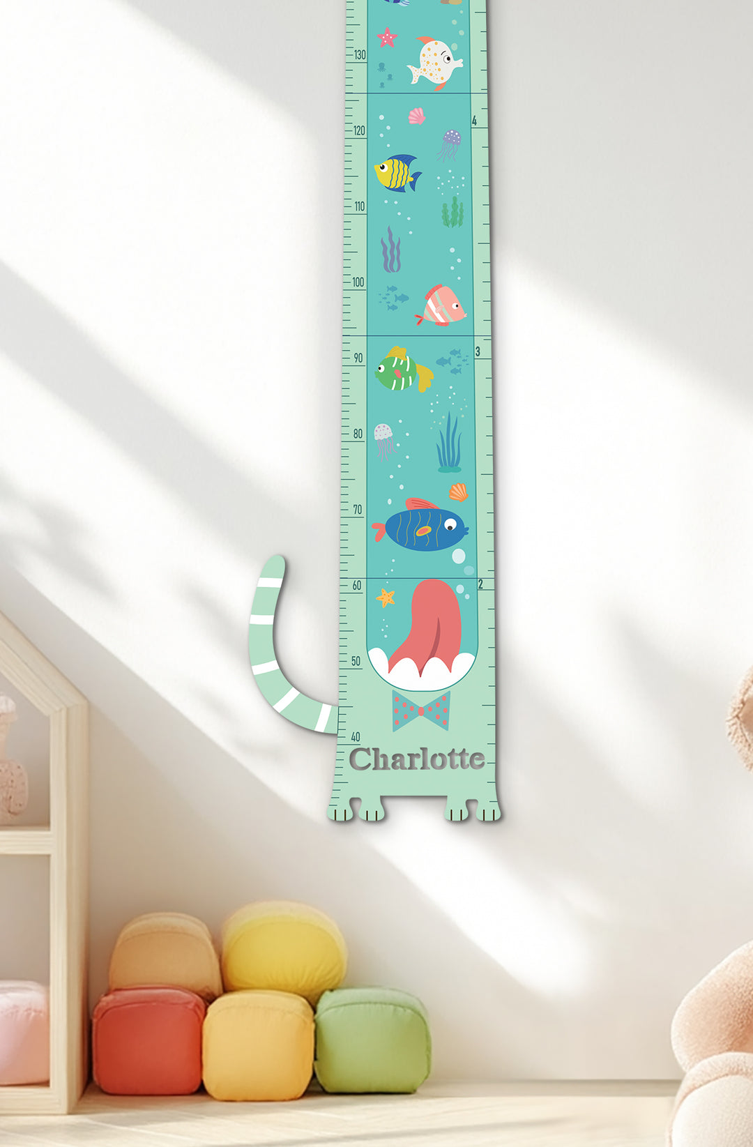 Personalized Wooden Ocean Cat Growth Chart for Kids