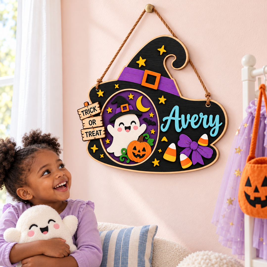 Personalized Kids Halloween Name & Photo Sign for Door & Wall Woodemon