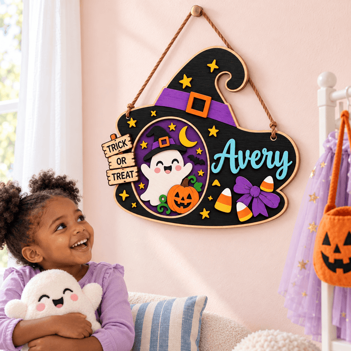 Personalized Kids Halloween Name & Photo Sign for Door & Wall Woodemon