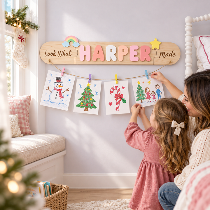 Personalized Kids Artwork Display Board with Wooden Name -Custom Kids Room Wall Decor Woodemon
