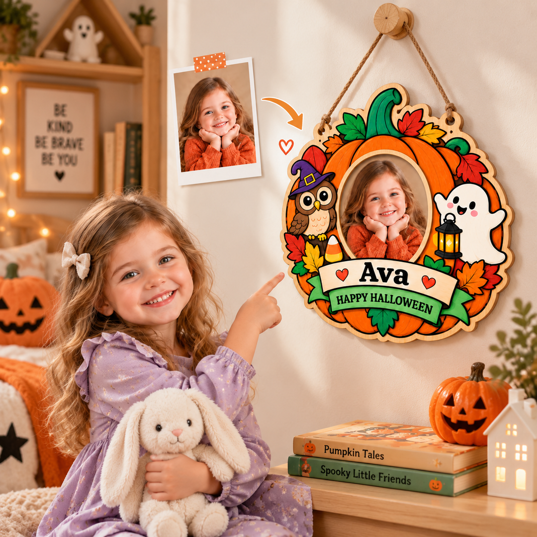 Personalized Kids Halloween Name & Photo Sign for Door & Wall Woodemon
