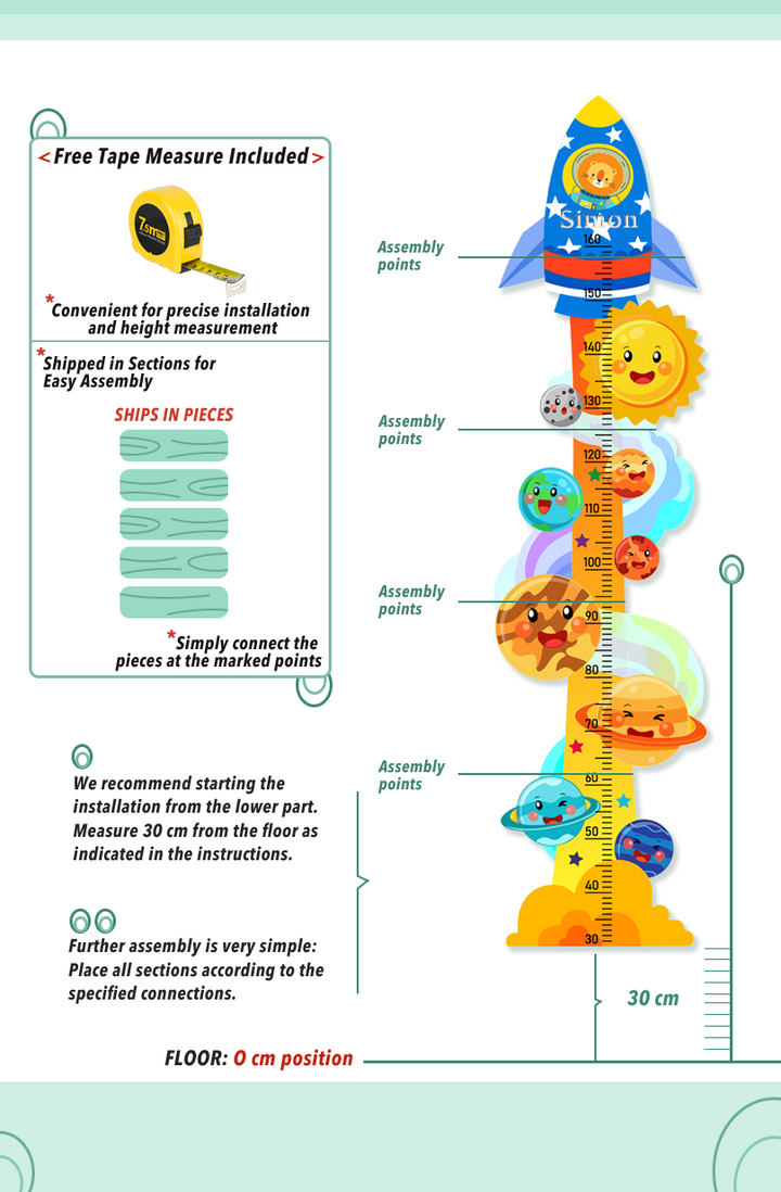 Personalized Wooden Space Rocket Growth Chart for Kids