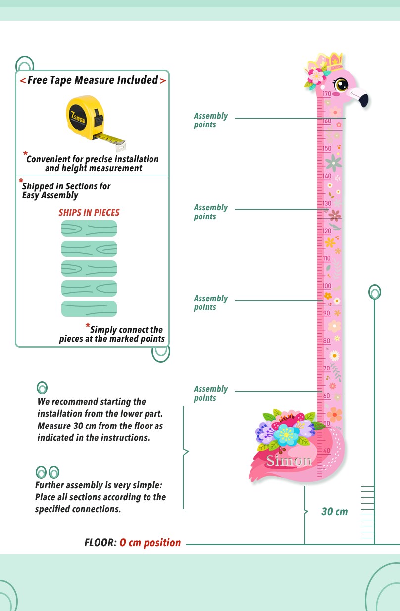 Personalized Pink Flower Flamingo Wooden Growth Chart for Kids
