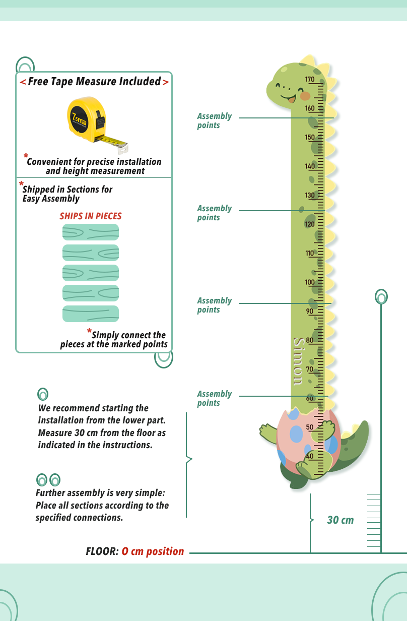 Personalized Wooden Cute Dinosaur Growth Chart for Kids