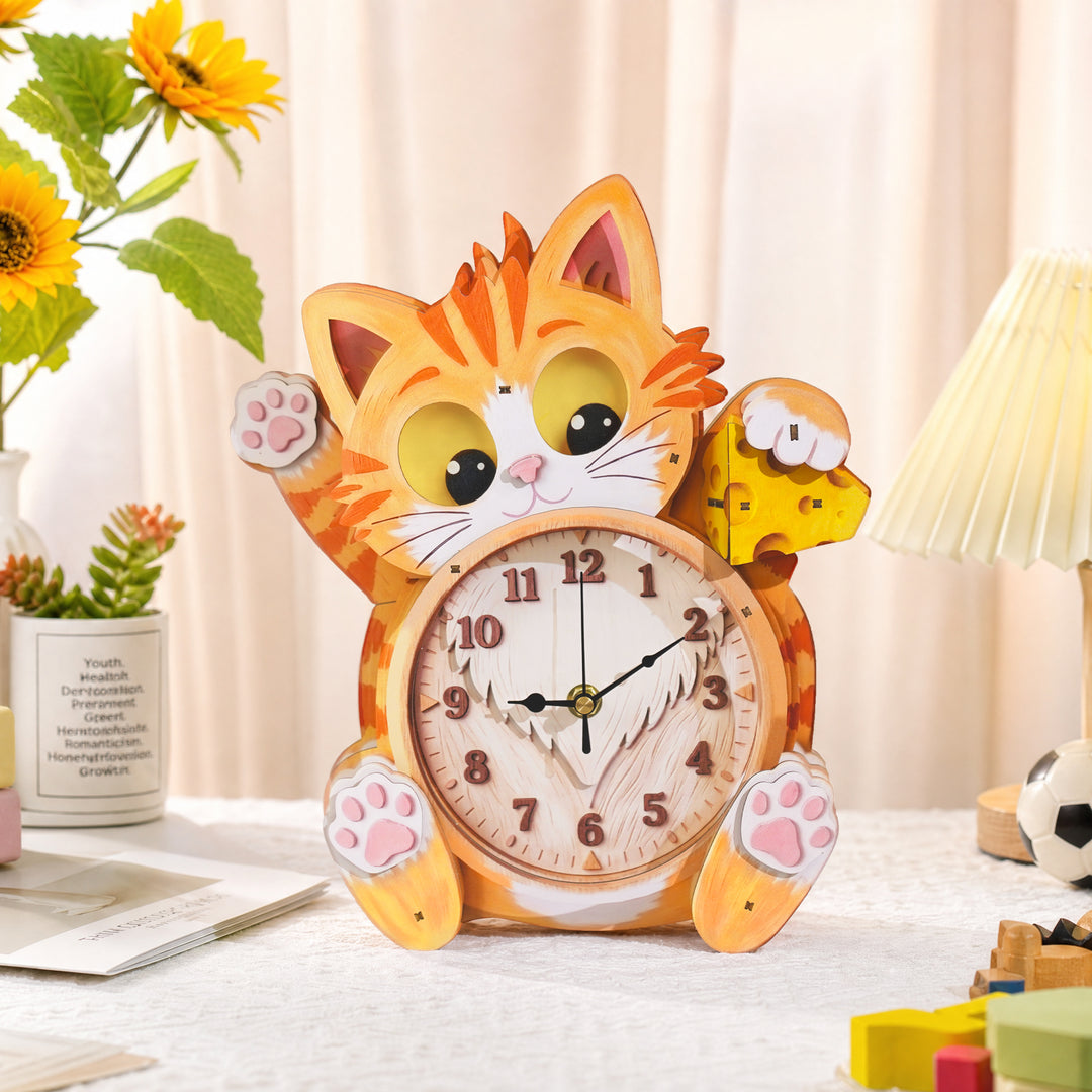 Cat Wooden Clock DIY 3D Puzzle for Kids Animal Learning Clock Woodemon